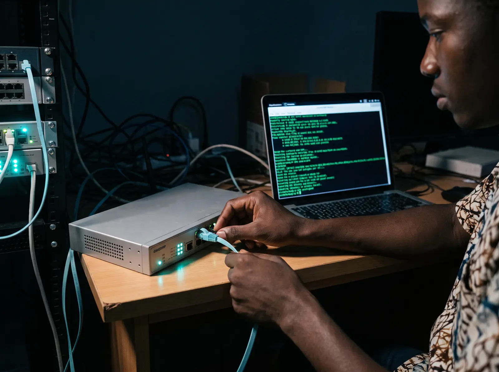 Un élève branche un câble sur un routeur ; l'ordinateur affiche la console IOS